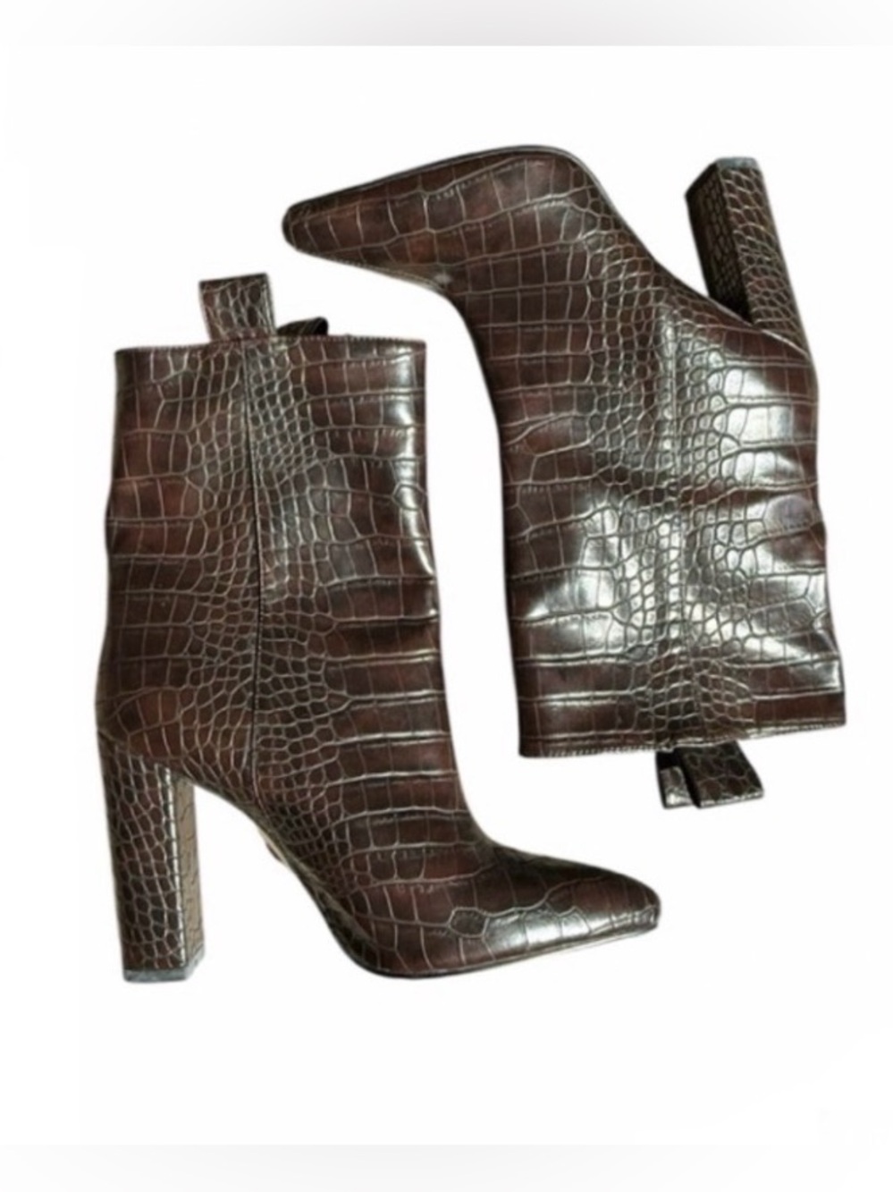 Faux Crocodile Booties Brown Chunky Heel Size 9